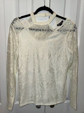 Ivanka Trump Cream Floral Lace Long Sleeve Blouse with Choker Neck